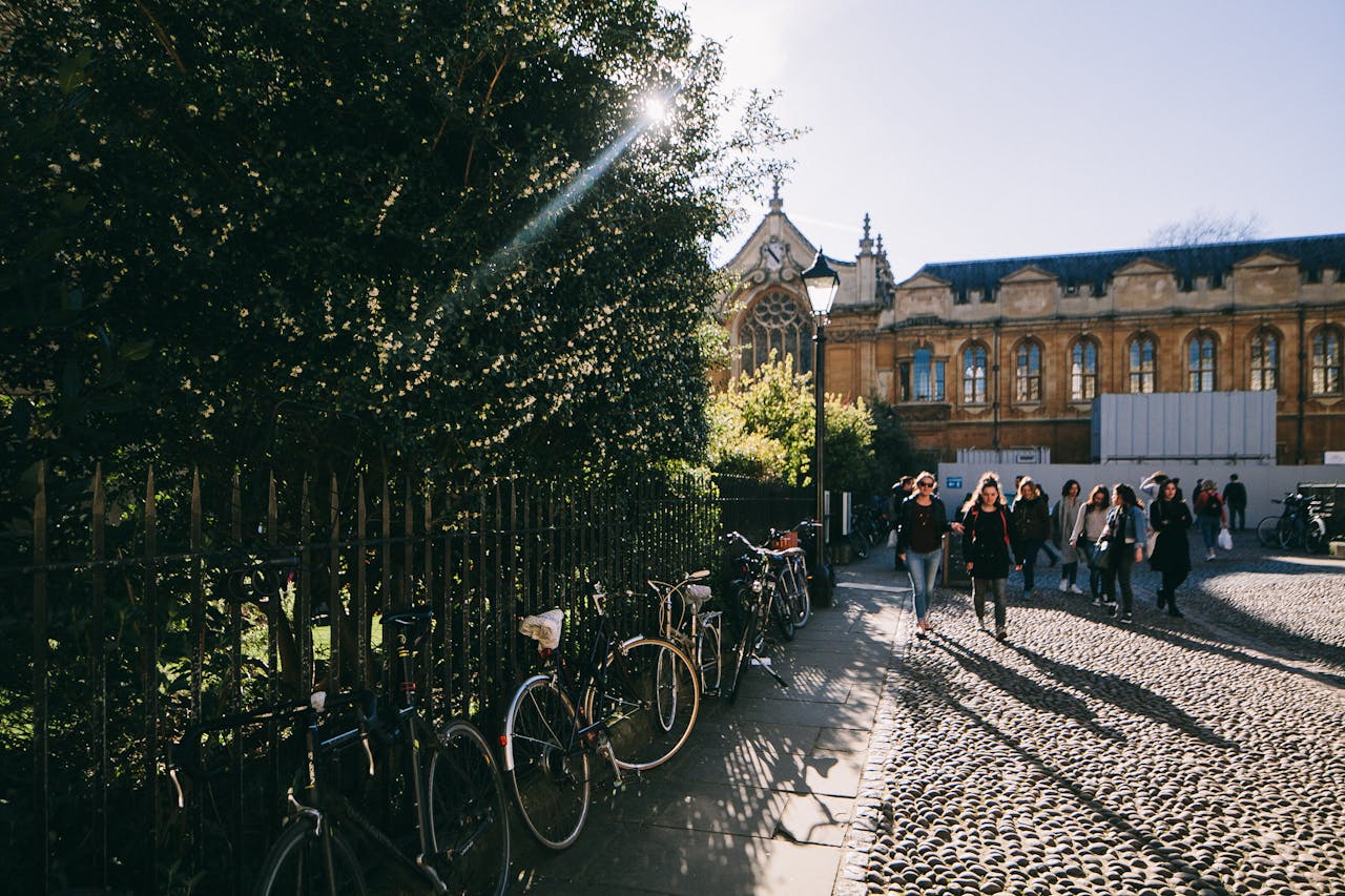 services-02 Sunlit street with bikes, people walking by a historical university building.